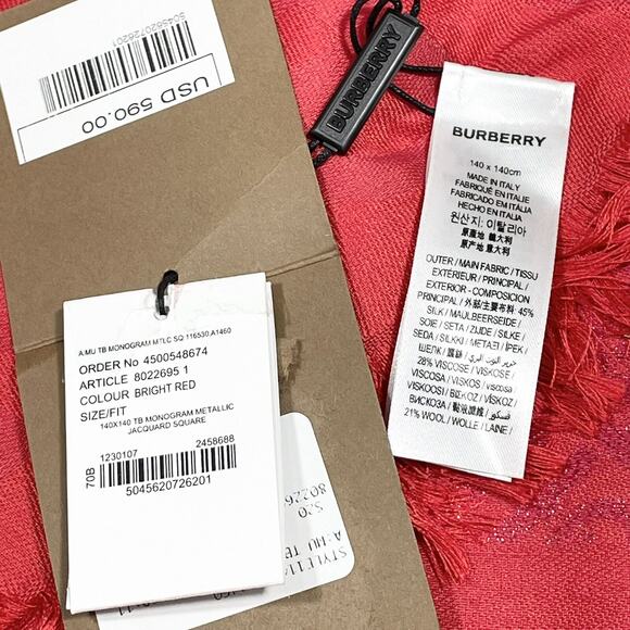 Burberry Monogram Metallic Red Large Square Scarf 140x140 cm NWT $550 - Picture 10 of 11
